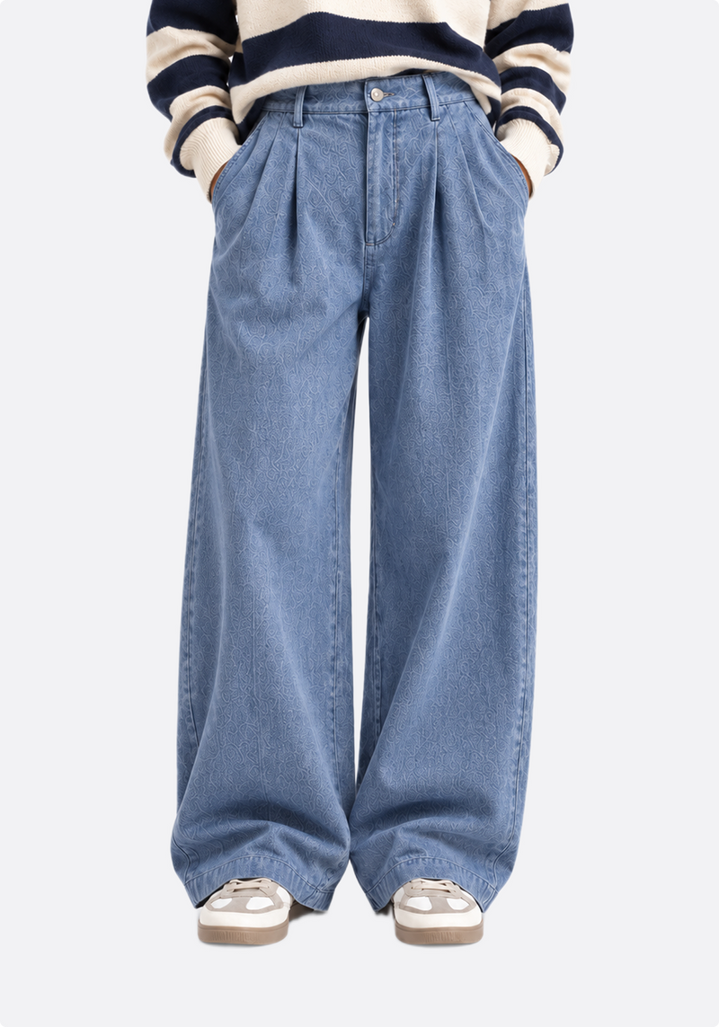 Wide-leg pleated denim jeans - close-up front view