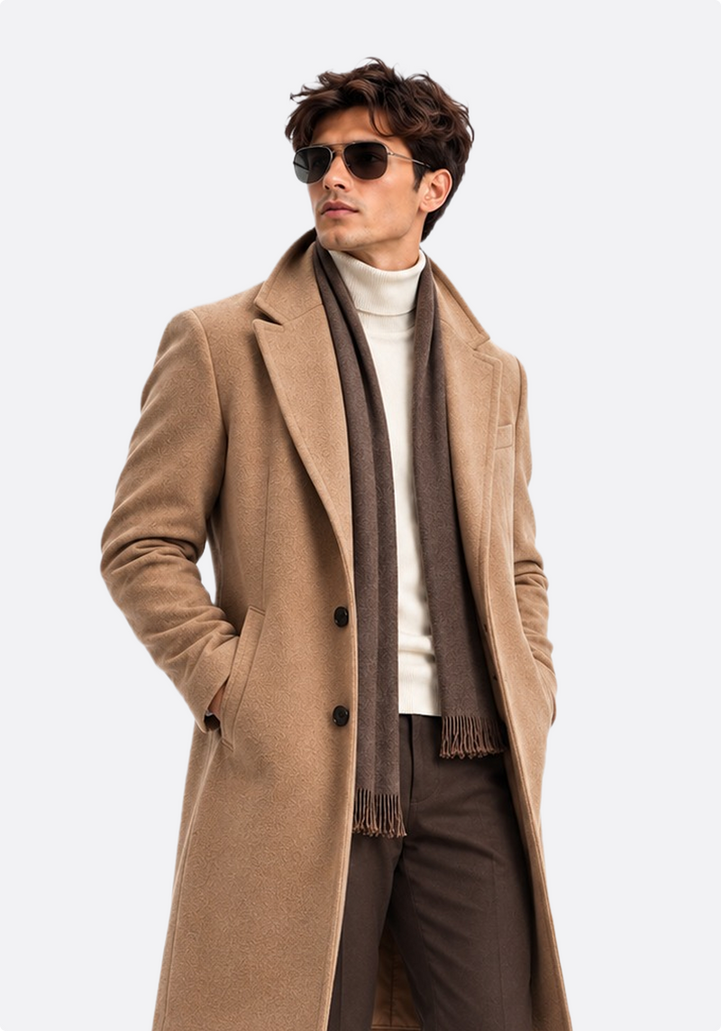 Camel Wool Overcoat - front view with scarf