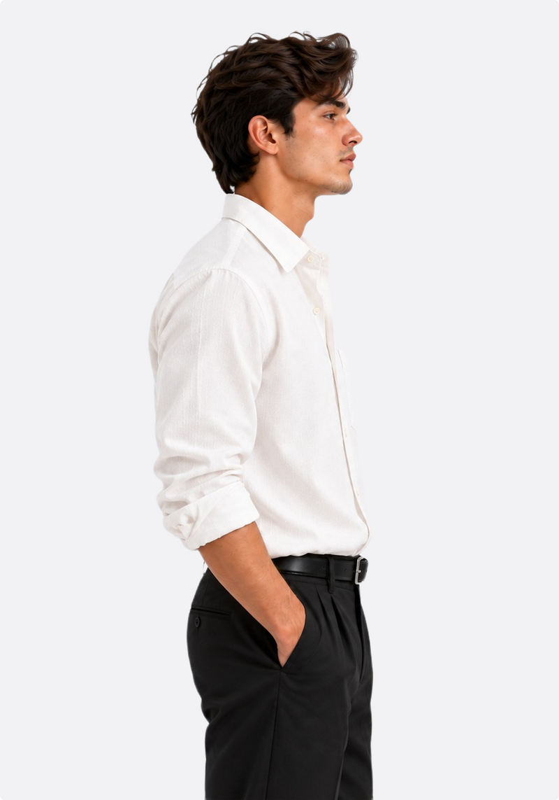 Men's white linen button-up shirt – side view