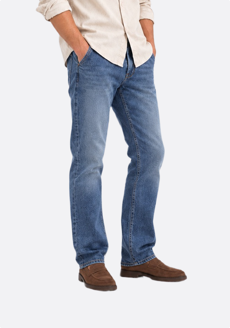 Men's medium wash straight-leg jeans – front three-quarter view