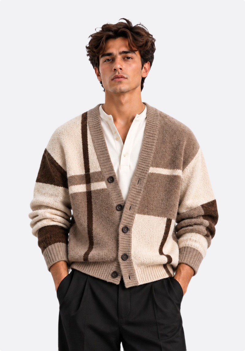 Men's colour-block knit cardigan – front open view