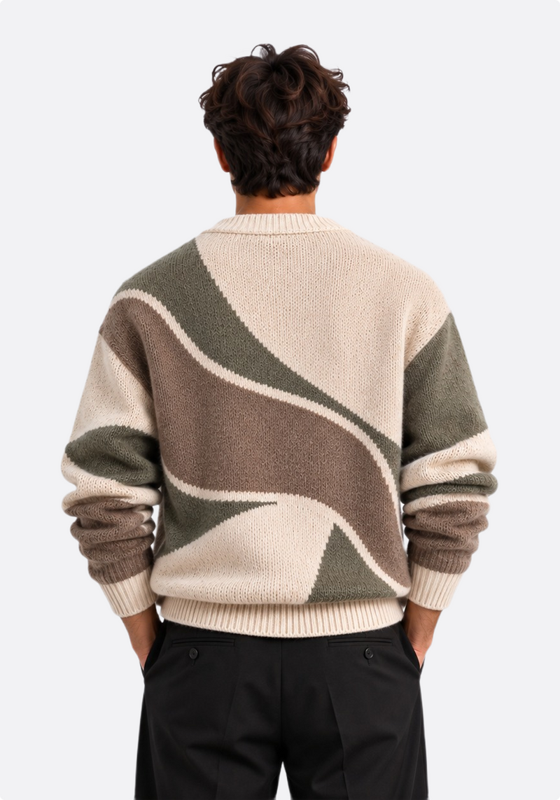 Men's abstract colour-block knit cardigan – front close-up view