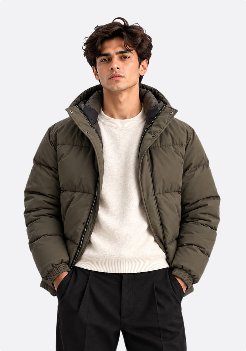 Men's olive puffer jacket – side view, three-quarter
