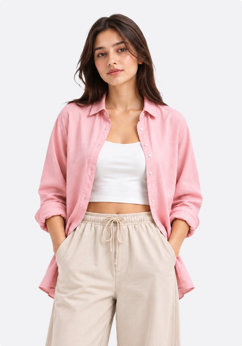 Women's blush pink oversized linen shirt – front close-up styled open
