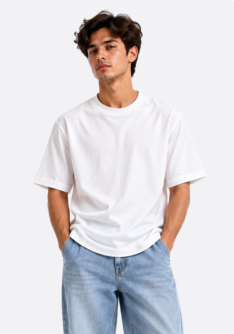 Men's white oversized cotton T-shirt – front three-quarter view
