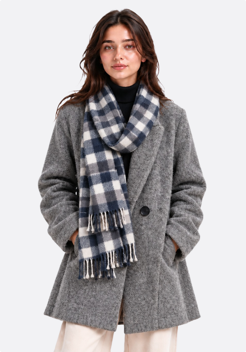 Women's grey bouclé wool coat – front view with plaid scarf