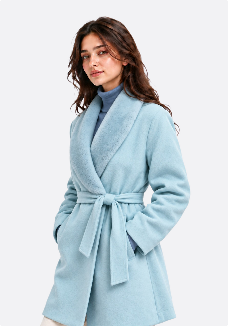 Women's powder blue belted wrap coat – front three-quarter view