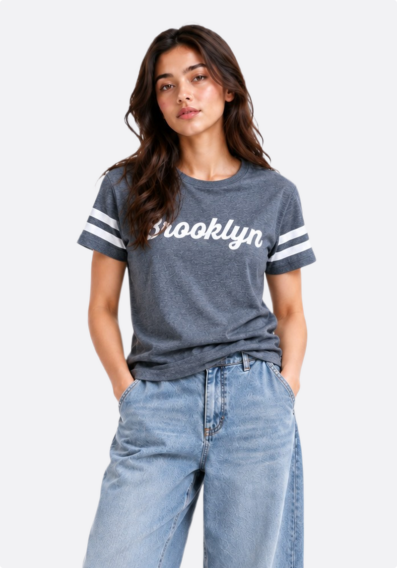Women's Brooklyn varsity stripe graphic t-shirt – front view on model