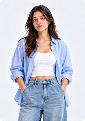 Woman wearing an oversized light blue button-down shirt styled with a white crop top and wide-leg jeans