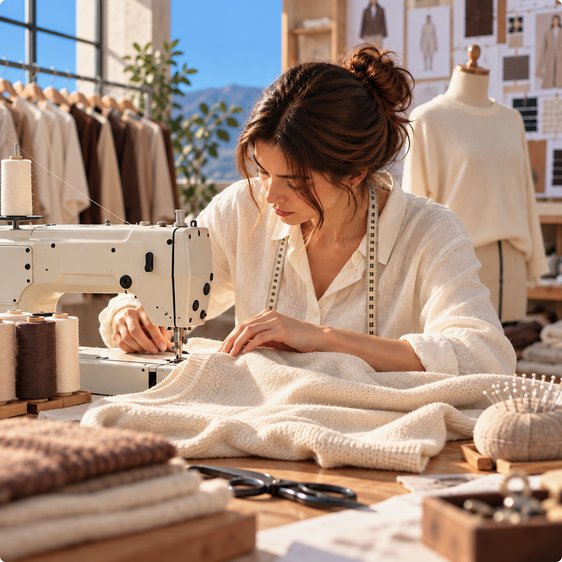A woman in a cream knit shirt works at a sewing machine in a bright sewing room, stitching a cream knit garment. The scene includes sewing supplies, fabric rolls, a mannequin, and clothing racks in the background.