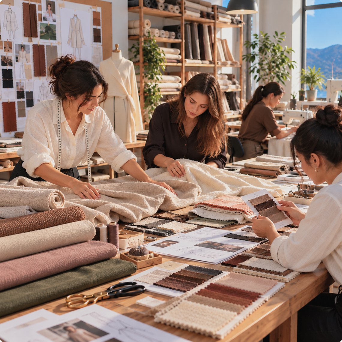 Three women collaborate at a wooden table in a textile design studio, handling cream-colored plush fabric rolls and examining color swatches. The background features shelves stocked with fabric samples, a mannequin, and a bright window.