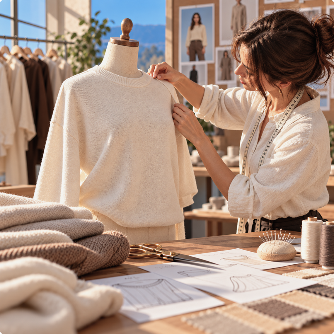 A woman in a cream sweater stands beside a mannequin wearing the same sweater in a warm, sunlit sewing room. The scene includes folded knit textiles, scissors, thread spools, pattern papers, and framed fashion images on the wall.
